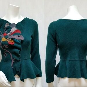 Anthropologie Sleeping on Snow Teal Cardigan with Felt Floral Design